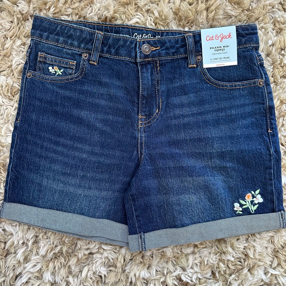 Cat & Jack Kids' Blue Denim Shorts with Floral Embroidery